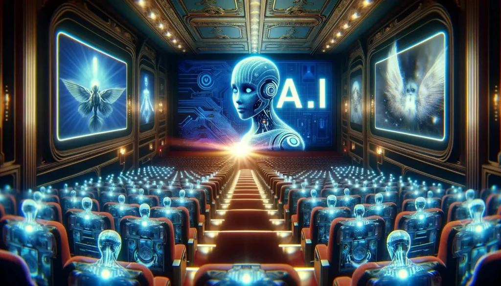 A futuristic collage blending technology and cinema