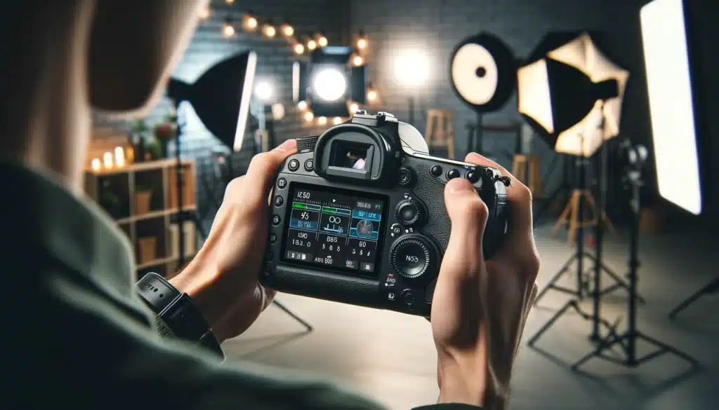 a candid shot of a photographer interacting with a camera in a studio setting