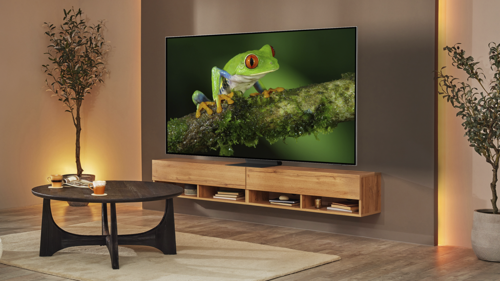 Sleek living room setup featuring the Samsung Neo Qled Qled Ultra Hd 8K Smart Tizen Tv