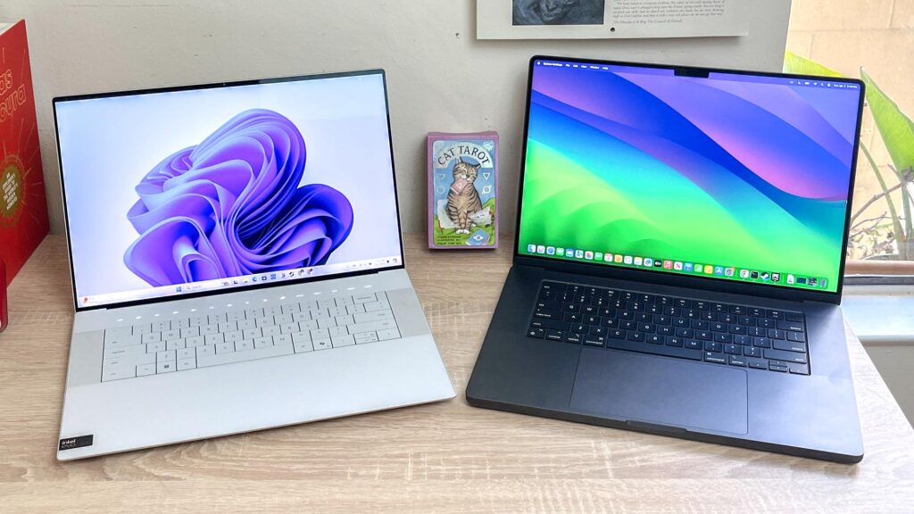 Side-by-side comparison image of the Dell XPS 16 and MacBook Pro 16.