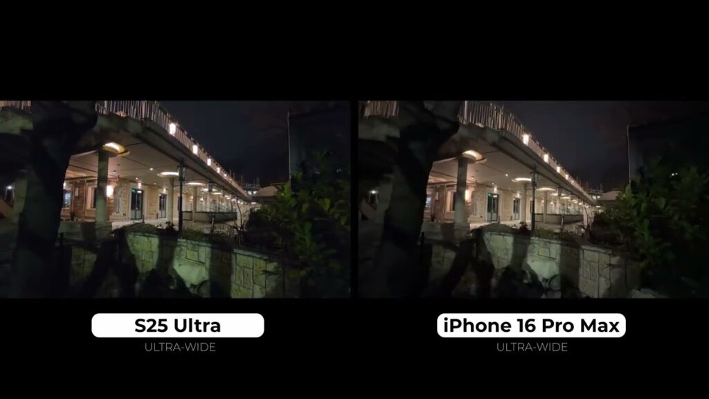 Low-light camera comparison between Galaxy S25 Ultra (left) and iPhone 16 Pro Max (right)