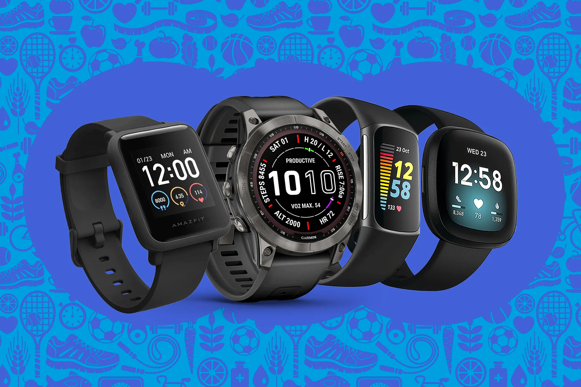 A stylish display of various fitness trackers and smartwatches