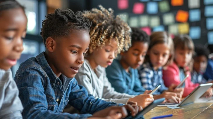 Diverse students collaborating with tablets in a modern learning environment