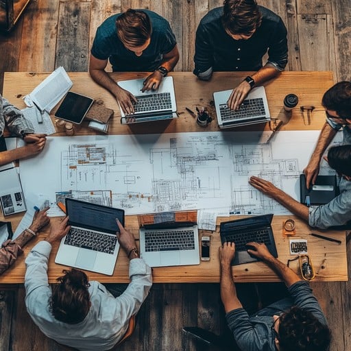 Photograph of a dynamic design team working collaboratively with both laptops and tablets in an office setting.