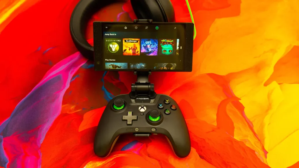 Cloud gaming UI on a smartphone connected to a controller