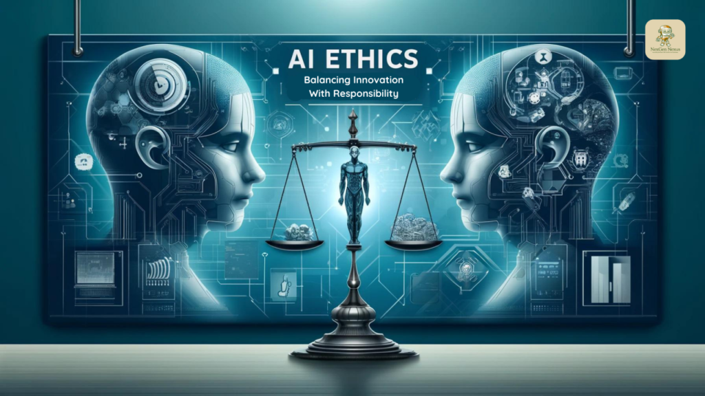 AI ethics issues illustration showing balance between technology innovation and data privacy