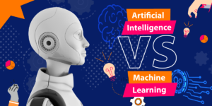AI vs ML visual concept — robots, data streams, neural networks