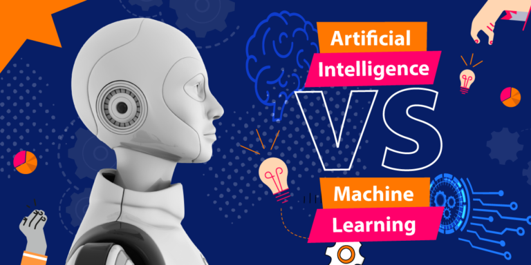 AI vs ML visual concept — robots, data streams, neural networks