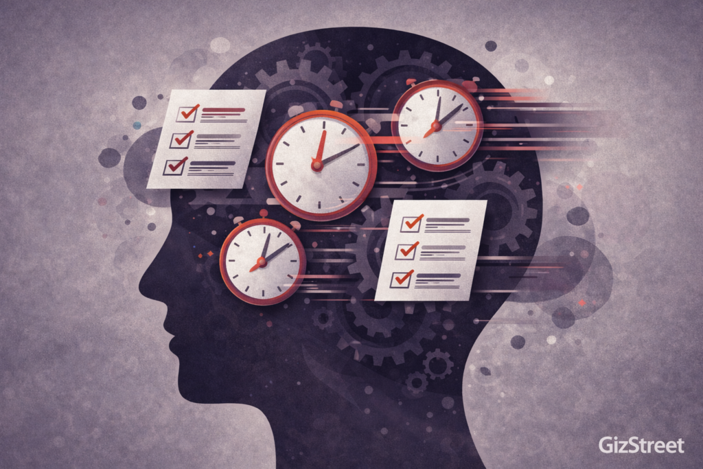 Abstract illustration of psychological drivers of time pressure including perfectionism and decision fatigue