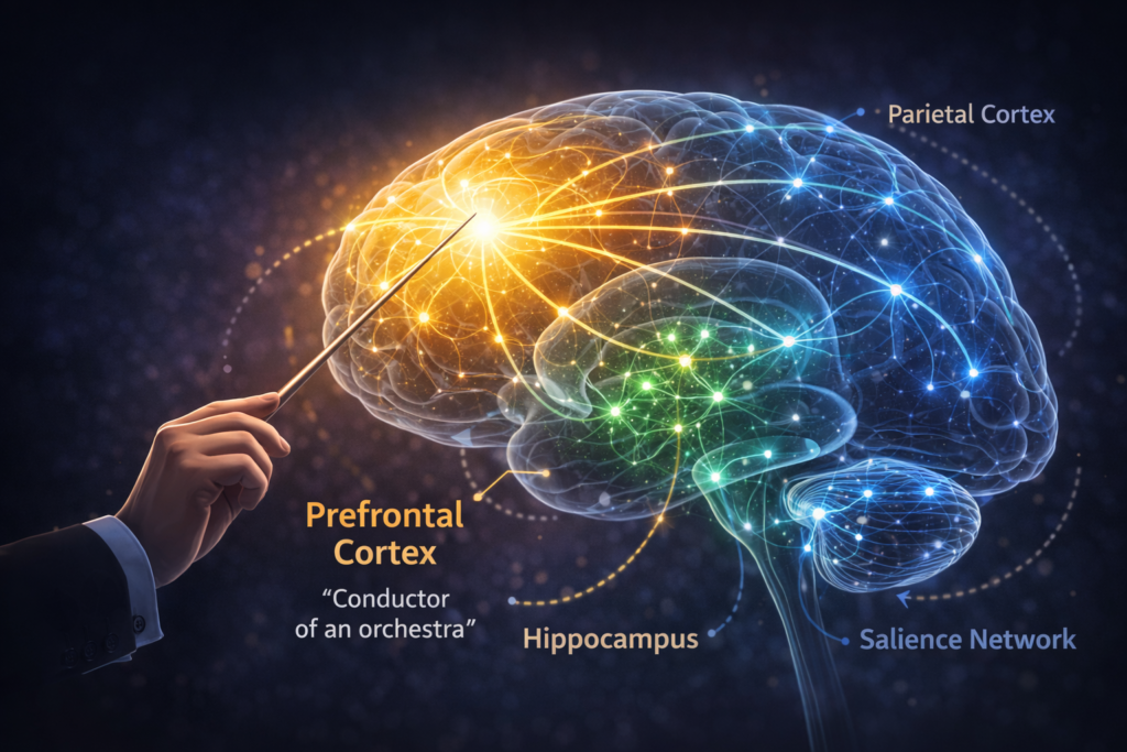 Illustration of the prefrontal cortex as a neural hub connecting to multiple brain regions involved in intelligence.