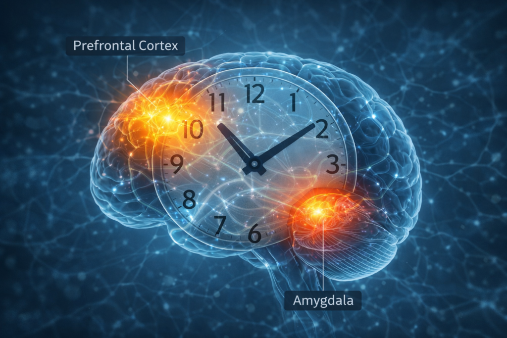 Neuroscience illustration showing how the brain processes and perceives time
