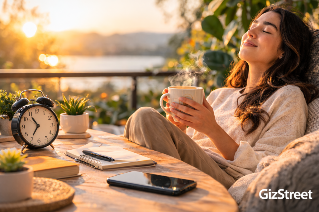 Person experiencing time affluence — feeling calm and unhurried in a peaceful outdoor setting