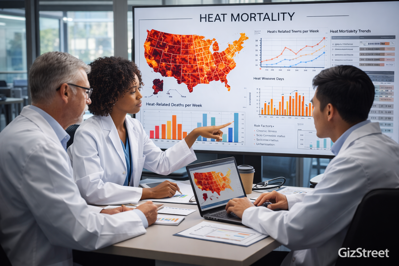 Scientists studying heat mortality data in a research institution