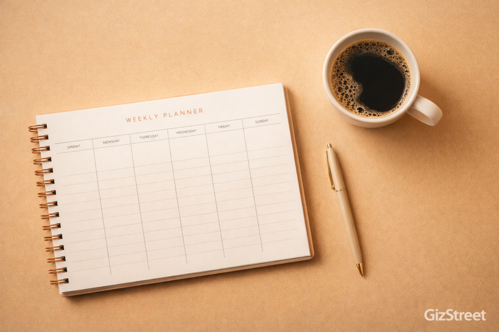 Minimal workspace representing practical time management strategies to reduce time scarcity