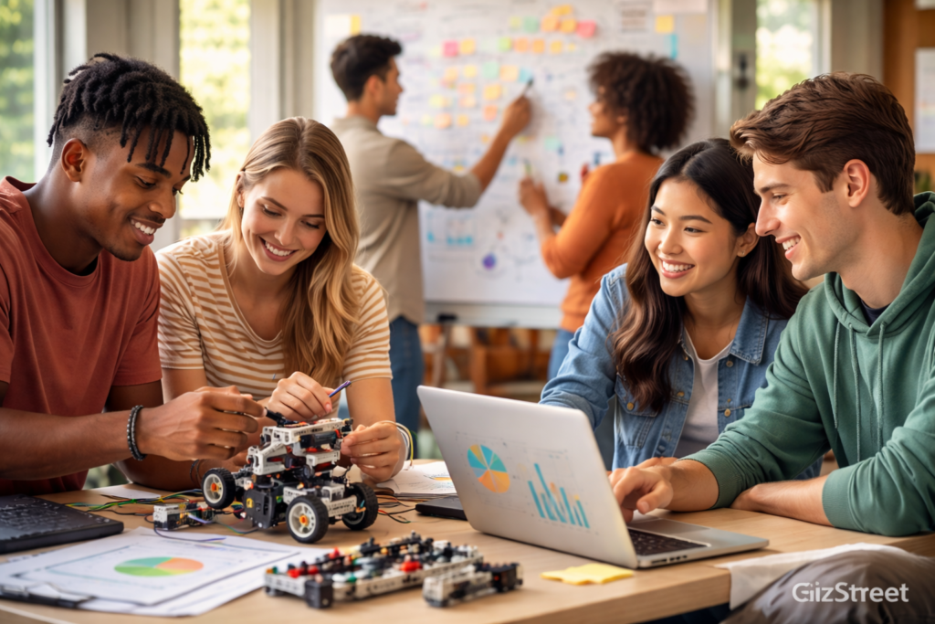 Students engaging in collaborative, cross-disciplinary learning that builds brain network flexibility