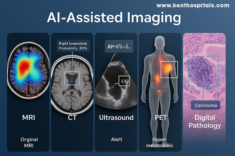 Doctor reviewing AI-assisted diagnostic screen with scan images