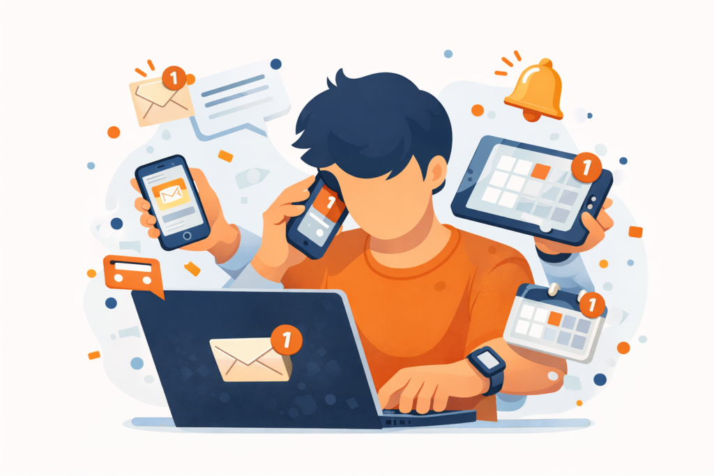 Person overwhelmed by digital notifications and technology representing productivity culture stress