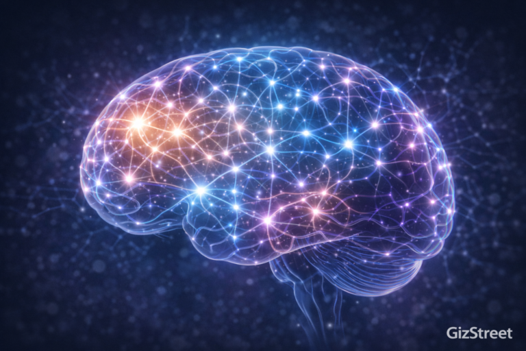 Illustration showing whole-brain neural network activity and intelligence emergence