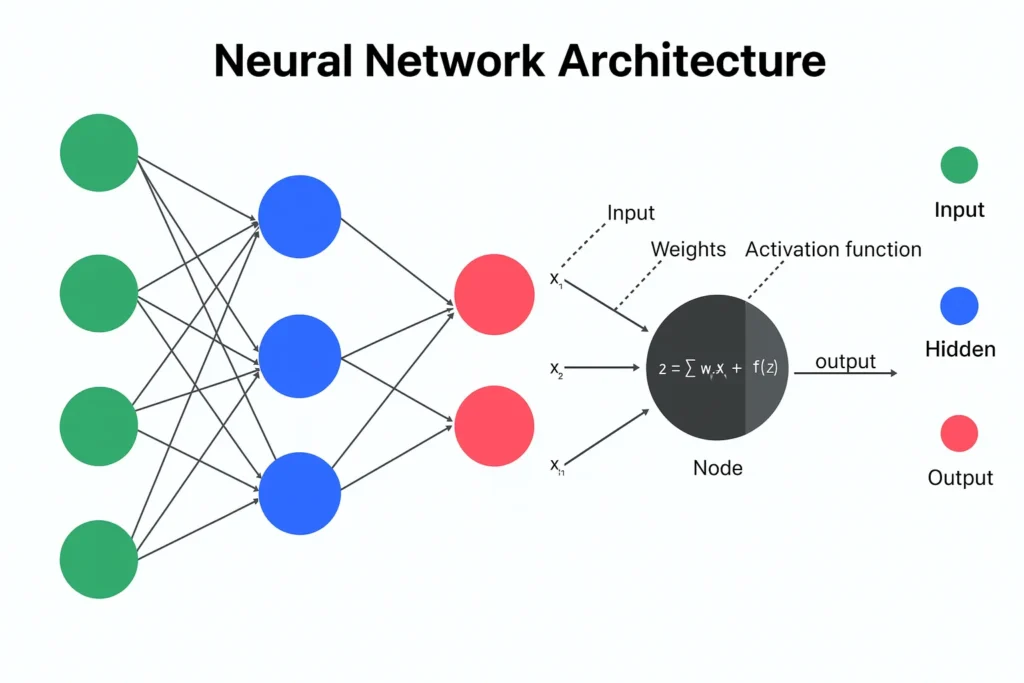 Layered neural network diagram showing nodes, weights, and connections