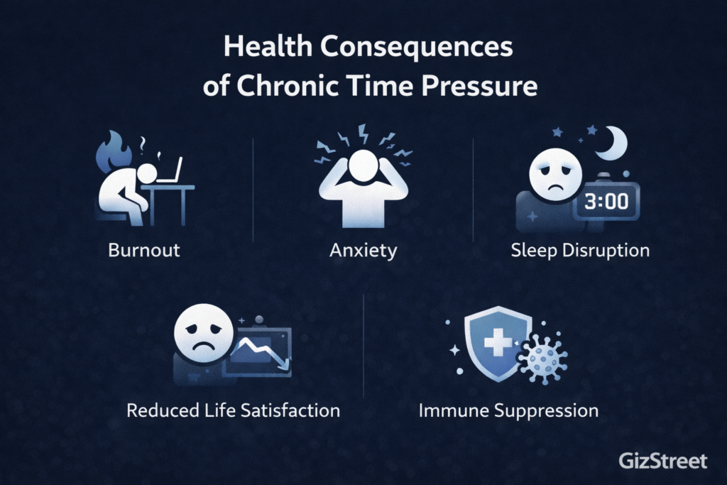 Infographic showing the health and mental consequences of chronic time pressure and time stress