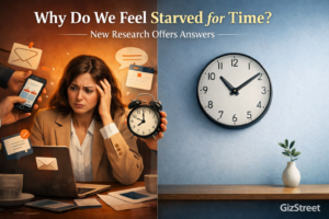 Person feeling overwhelmed and starved for time surrounded by digital devices and notifications