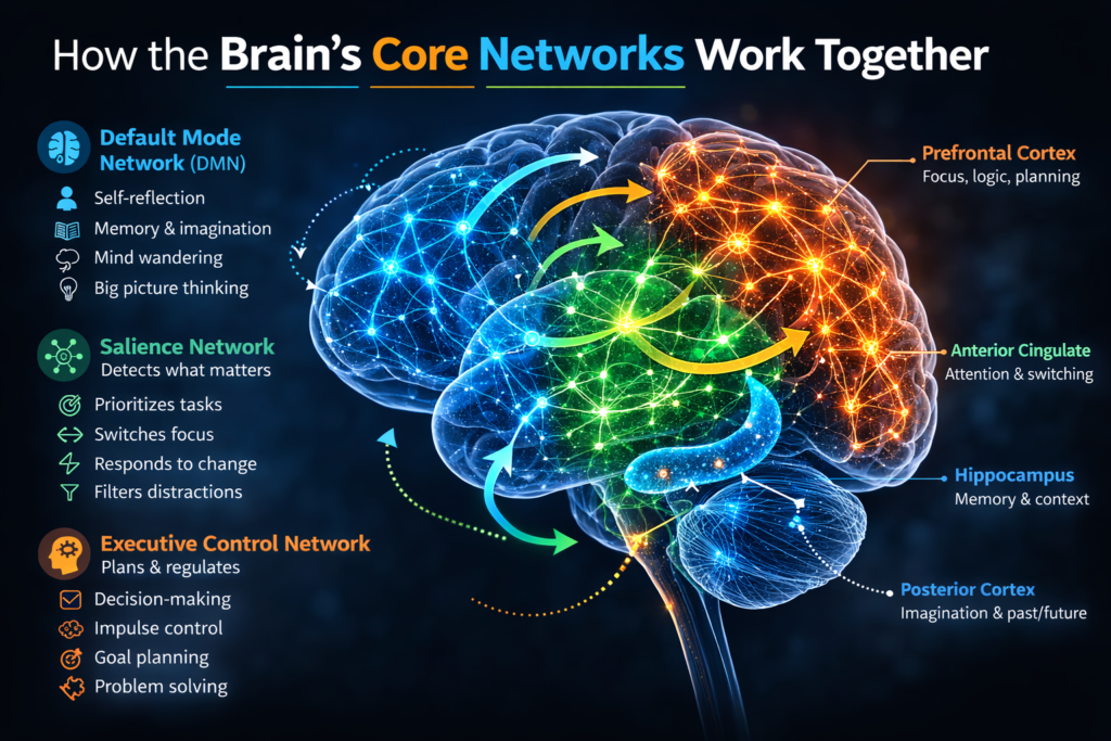 Diagram of three major brain networks — Default Mode, Executive Control, and Salience — and how they communicate to support intelligence.