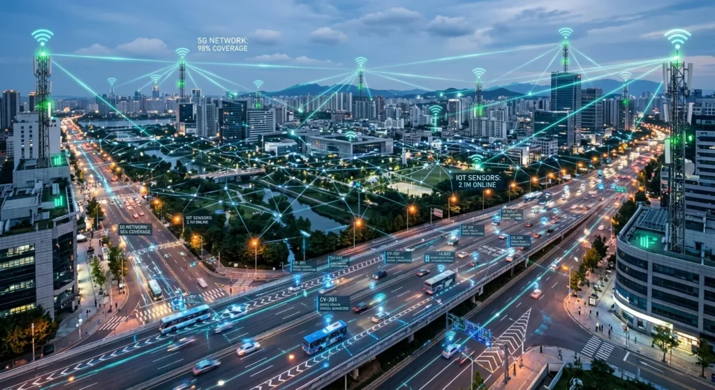 5G IoT smart city future technology 2026 showing connected devices and emerging tech network