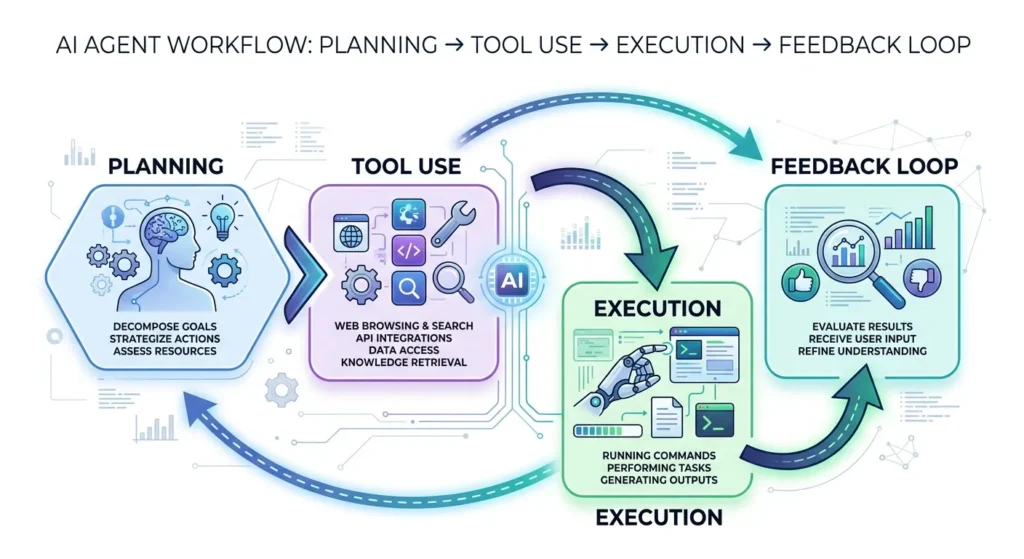 Agentic AI workflow diagram showing multi-step task execution and AI trends 2026
