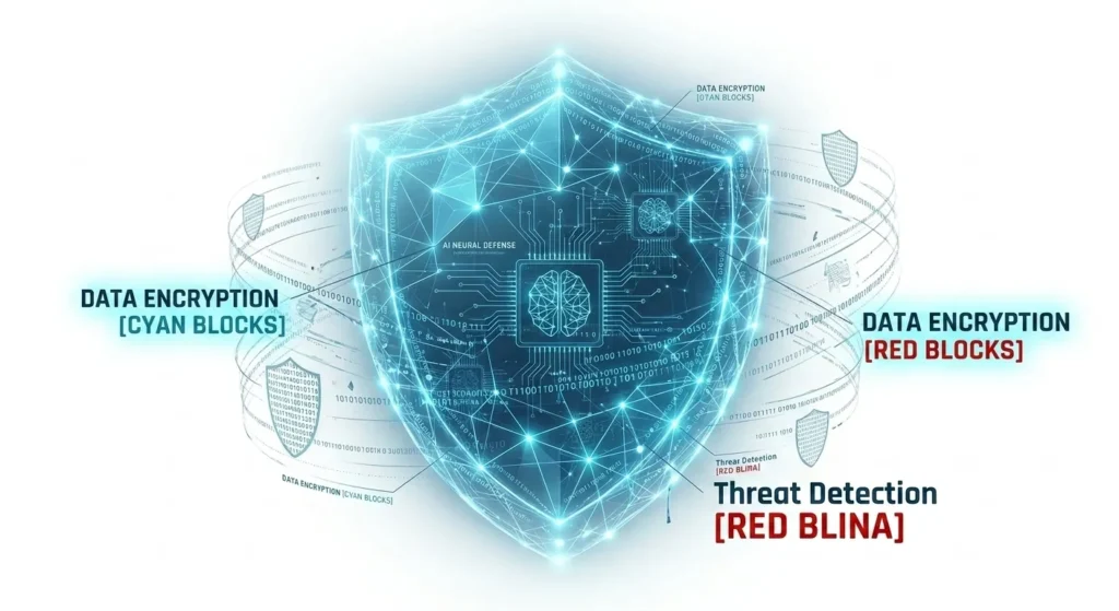 AI cybersecurity tech trends 2026 showing neural network threat detection and future technology