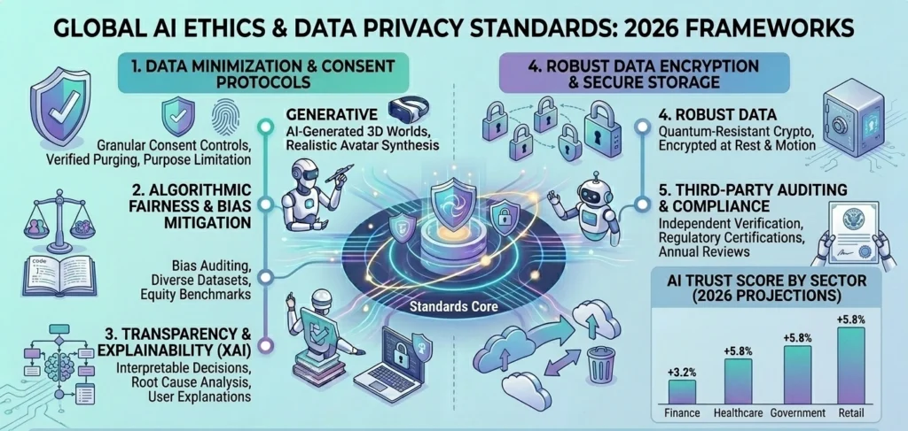 Infographic on AI Ethics and Data Privacy standards in 2026