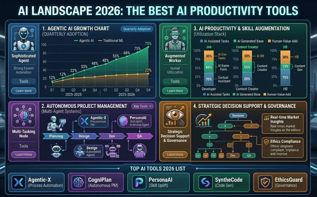 Infographic showing the best AI tools 2026 categories