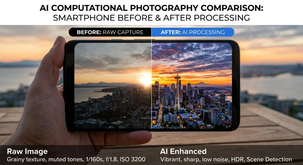 AI camera features in smartphones 2026 showing computational photography