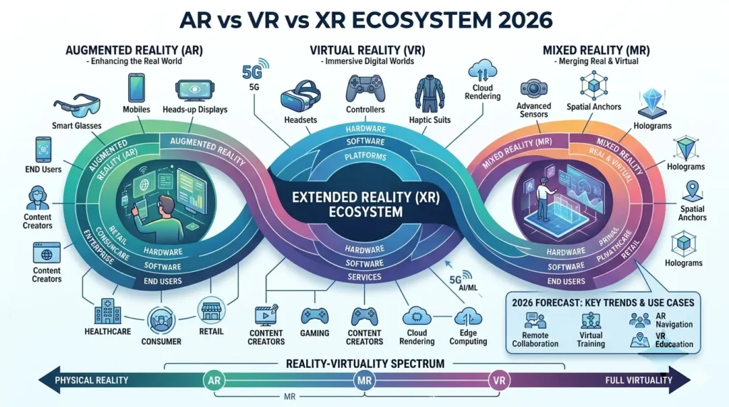 AR VR technology 2026 — overview infographic of extended reality ecosystem