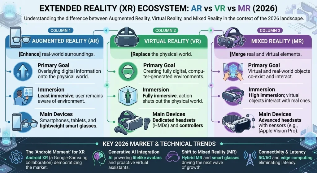AR vs VR vs MR — extended reality technology comparison diagram 2026