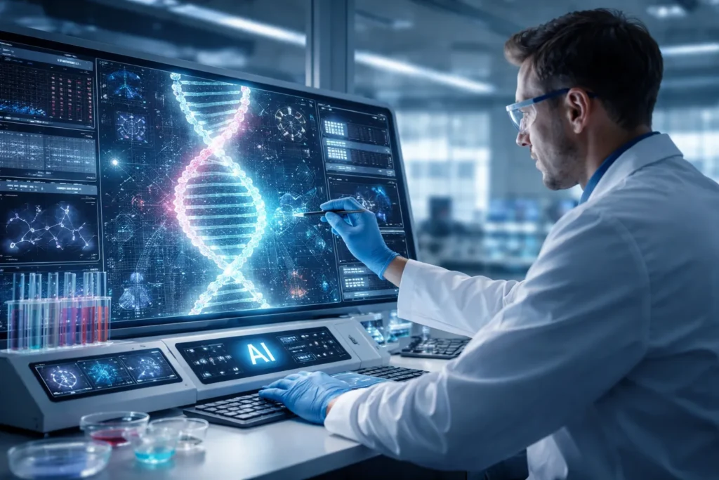 Biotech precision medicine AI trends 2026 showing CRISPR gene editing and future technology in healthcare