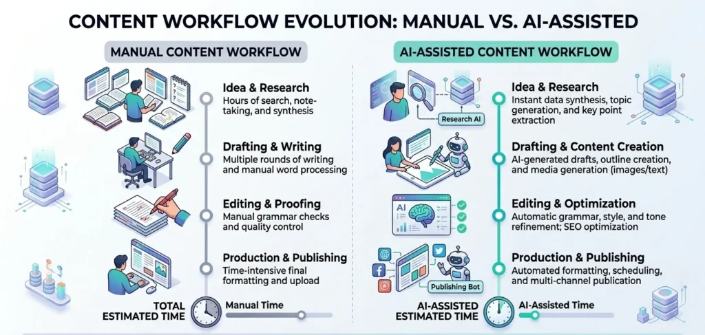 Comparison visual of manual vs. AI-assisted content workflows