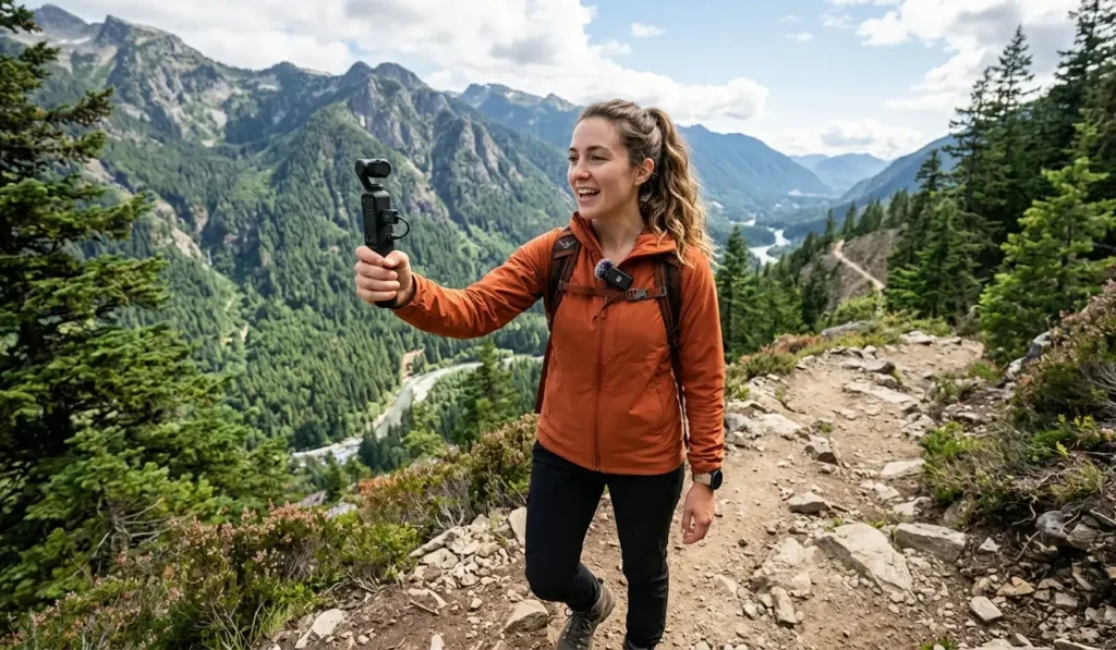 Travel vlogger using DJI Mic Mini 2 transmitter clipped to shirt while filming outdoor content