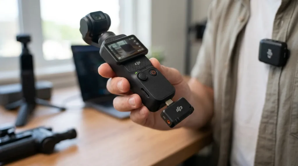 DJI Mic Mini 2 receiver connected to DJI Osmo Pocket 3 showing plug-and-play USB-C compatibility