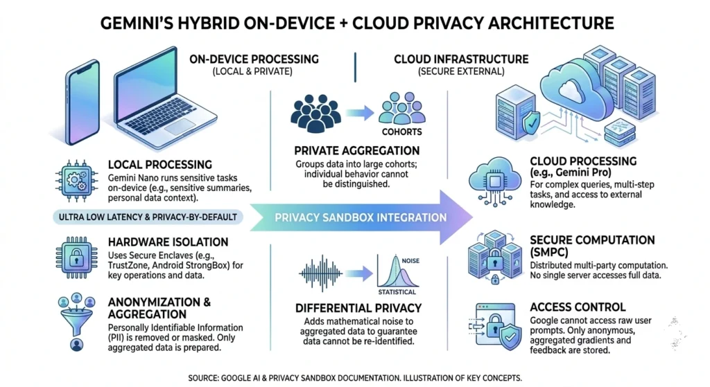 Diagram of Google Gemini Proactive Assistance on-device vs cloud processing privacy model