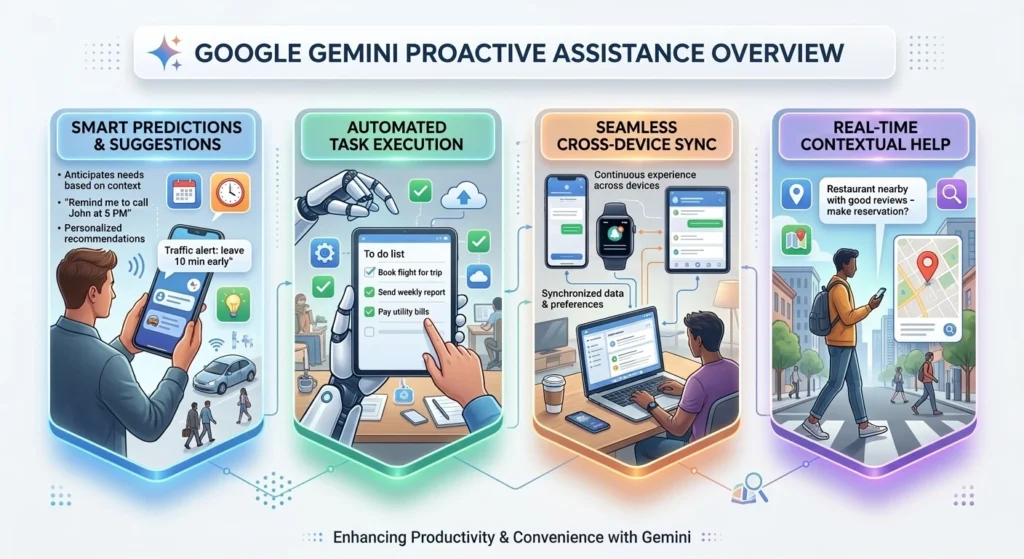 Google Gemini Proactive Assistance dashboard infographic showing AI suggestions across Workspace apps