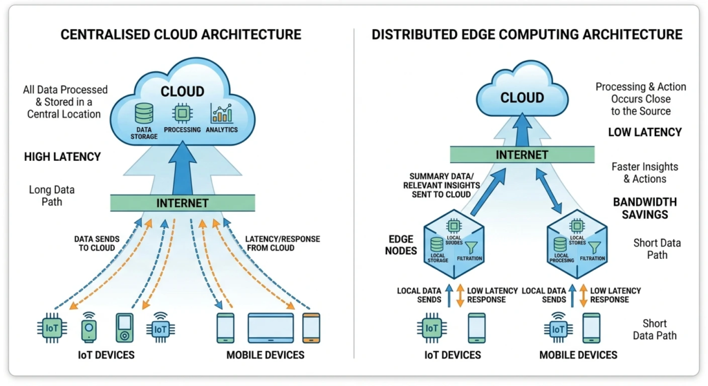 : edge computing definition diagram comparing centralized cloud to distributed edge nodes