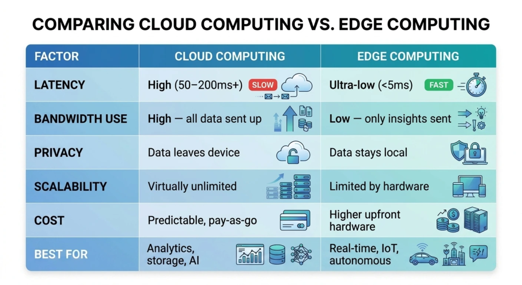cloud vs edge computing comparison chart showing latency cost privacy and scalability differences