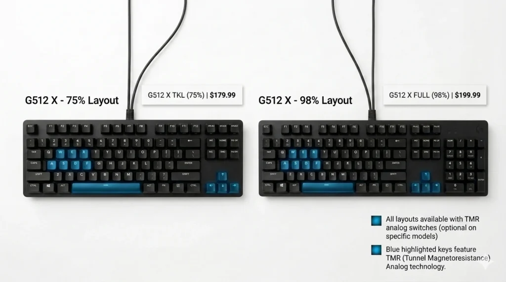 Logitech G512 X 75 percent vs 98 percent layout size comparison pricing