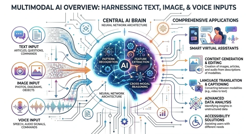 Infographic showing multimodal AI processing text, image, and voice data.
