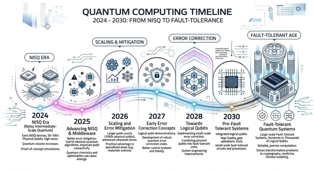 Infographic showing the timeline of quantum computing future breakthroughs until 2030