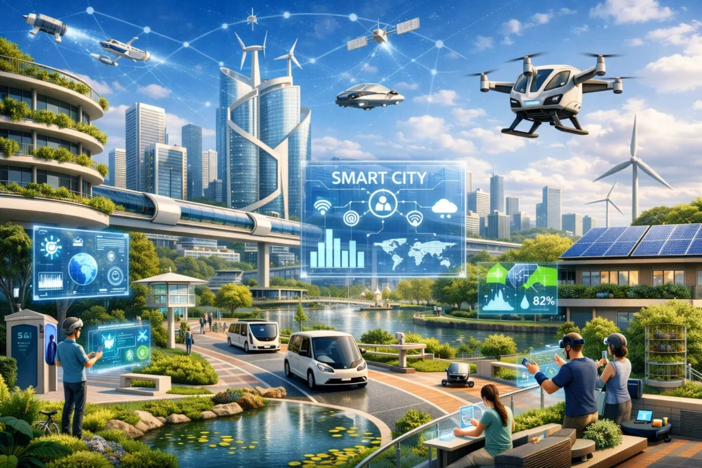 : Visualization of a future city optimized by quantum technology and AI hardware.