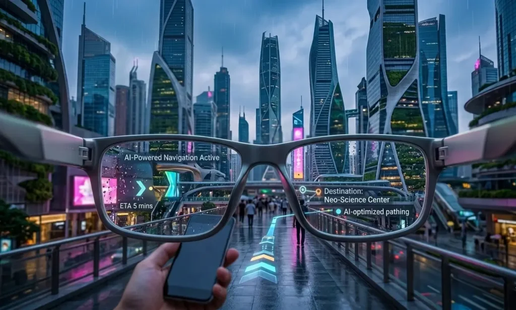Future trend visualization of AR smart glasses and AI gadgets in 2030.