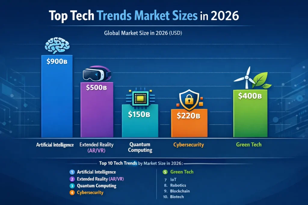 Tech trends 2026 market size comparison data chart showing AI, XR, quantum computing, and emerging tech growth
