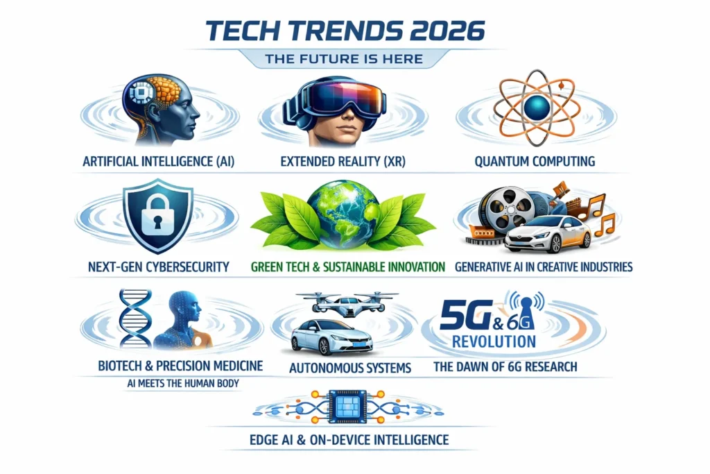 Top 10 tech trends 2026 overview infographic showing AI, XR, quantum computing, and future technology
