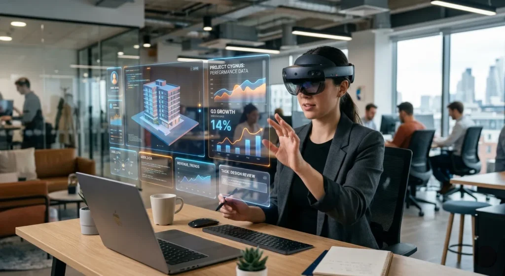 Extended reality XR technology in 2026 showing AR headset with holographic interface and future technology